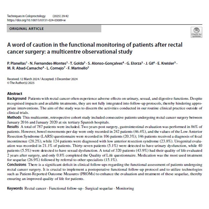 📢 A call to improve the functional follow-up of patients after rectal cancer surgery.

🔍 Our multicentre study highlights significant gaps in assessing quality of life and identifying digestive, urinary, and sexual dysfunctions. 

doi.org/10.1007/s10151…