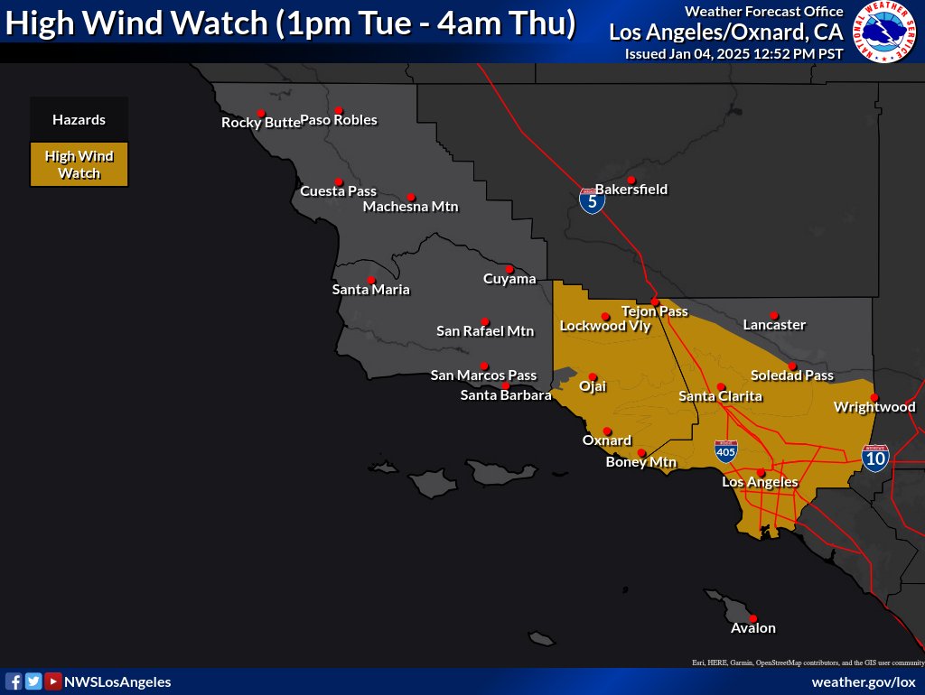 NWSLosAngeles's tweet photo. Fire Weather Watches &amp; High Wind Watches are in effect Tuesday-Friday next week (see graphics for exact times). Strong/damaging N-NE winds will be possible, likely peaking Tuesday-Wednesday. Stay up to date with the forecast as we get closer to the event. #CAwx #LAwind #Ventura https://t.co/ouoLirXxPf