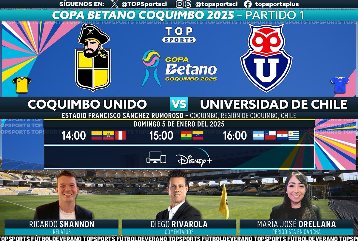 TOPSportscl's tweet photo. #CopaBetano2025 ⚽️🏖️ Partido 1
#CoquimboUnido - #UniversidadDeChile

🎙️ Relatos: @RicardoShannonS 
🗣️ Comentarios: @RivarolaDiego7  
🏟️ Cancha: @_majocl 

#⃣ #FÚTBOLxESPN #DisneyPlus - #FútbolDeVerano 🏖️
📱💻 @disneyplusla Premium
🔃❤️ https://t.co/48m1z6jOVZ