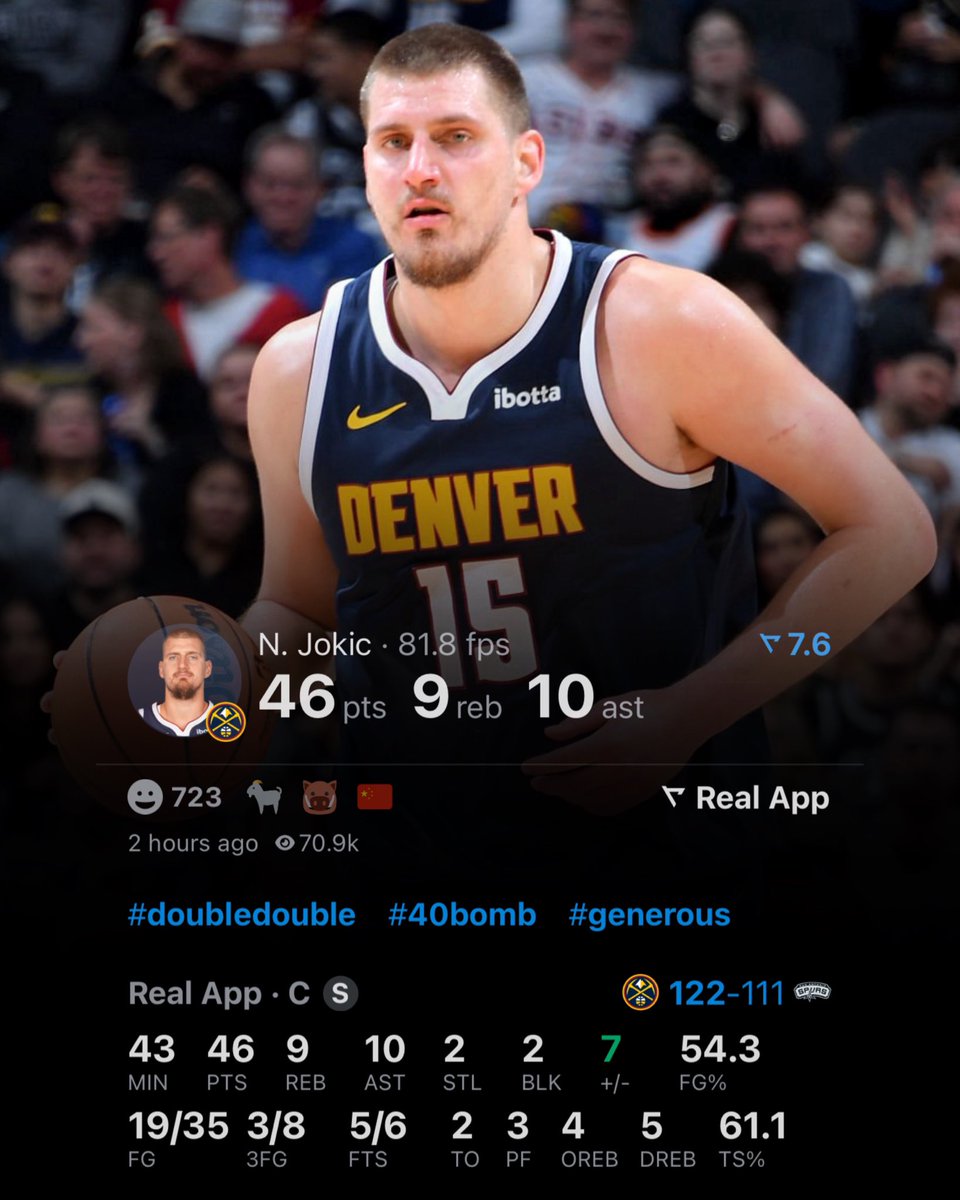 Nikola Jokic ties Wilt Chamberlain for the most 45p/10a games by a center in NBA history.