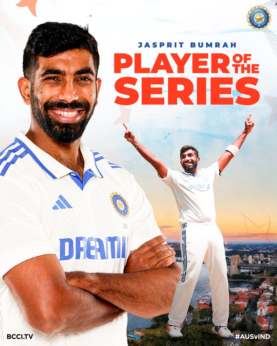 BCCI's tweet photo. 5⃣ matches.
3⃣2⃣ Wickets 🫡
Incredible spells ⚡️

#TeamIndia Captain Jasprit Bumrah becomes the Player of the series 👏👏

#AUSvIND | @Jaspritbumrah93 https://t.co/vNzPsmf4pv