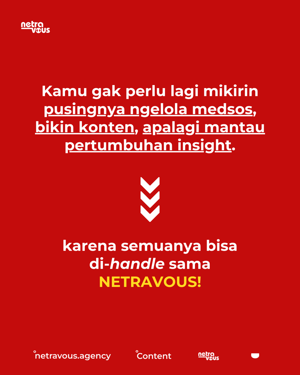 netravous's tweet photo. Jangan khawatir guys, solusinya ada di sini! 💡

✨ NETRAVOUS siap bantu kamu ngatur media sosial, bikin konten kreatif, dan mantau insight supaya bisnis kamu makin berkembang. Gak perlu lagi repot sendiri—fokus aja ke hal-hal besar lainnya! https://t.co/kxbYx9CA4e
