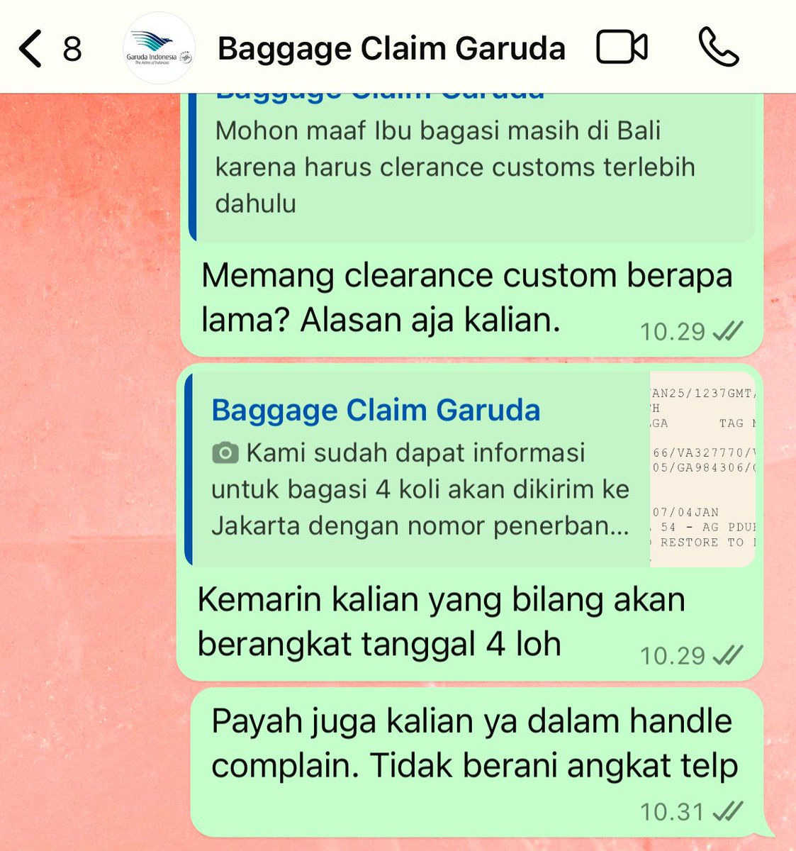 KenRaras's tweet photo. Lalu alasan 4 koper di bali belum berangkat karena CUSTOM CLEARANCE.  Sedangkan tanggal 4 mereka yang info akan dikirim dengan GA407/04Jan. 
Oh begini ya kinerja yang katanya airlines terbaik Indonesia? https://t.co/6tak96PX0x