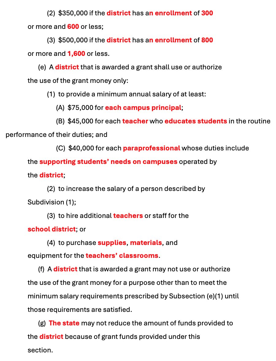A thought experiment. 💭

What if #TxLege created a Rural Teachers Salary Assistance Grant Program akin to the Rural Sheriff's Office Salary Assistant Grant Program they passed in SB-22 in 2023?

Here's what that could look like. (Edits in red = mine)

#TxEd #RuralEd #EdLeaders
