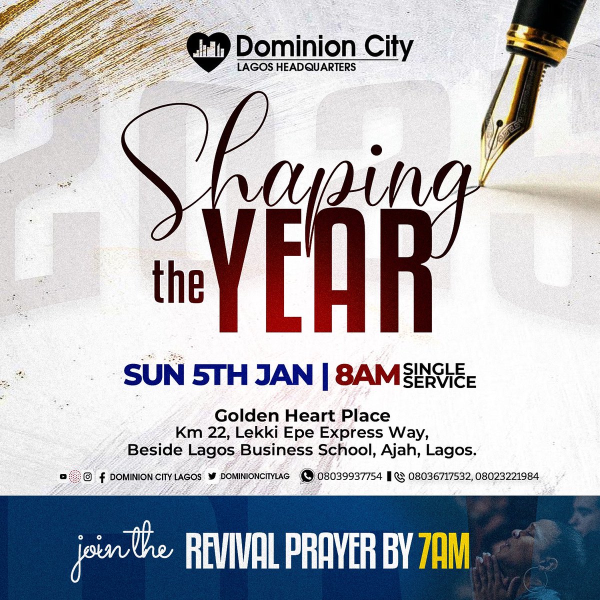 dominioncitylag's tweet photo. Join us for prayer and prophetic service this morning as we focus on how to shape your year.
Time: 8am (SINGLE SERVICE).
Prayers starts at 7am. Don’t miss it.
#DominionCity #DCLagosHQ #PrayerAndPropheticService #ShapingTheYear https://t.co/qIT1cWXDGD