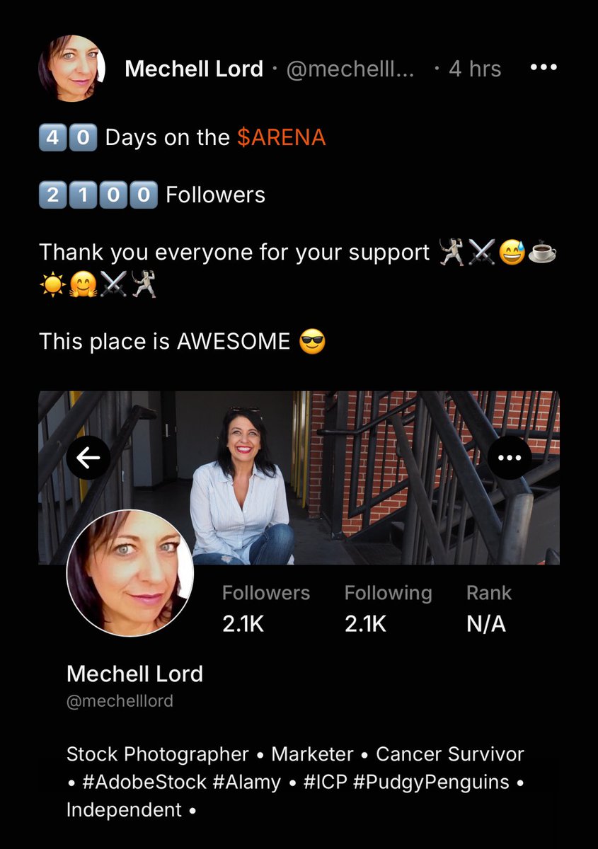 40 days and 2,100 followers 
The engagement is like no other social site I’ve tried - Join me 🆓

arena.social/?ref=mechelllo…
