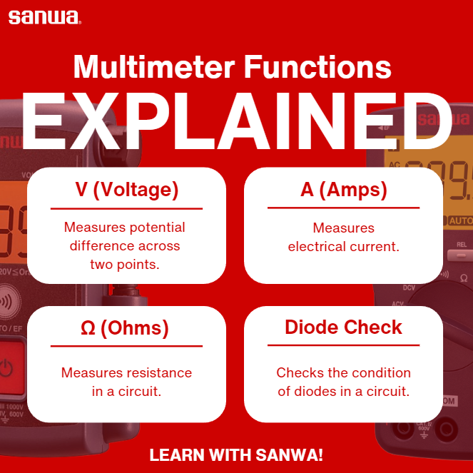 SanwaJAPAN's tweet image. Did you know your digital multimeter can do more than just measure voltage? Here’s a quick guide to what each function does

Pro Tip: Always turn off power before testing resistance to avoid damaging your multimeter.

#SanwaJapan #SanwaPoducts #DigitalMultimeter