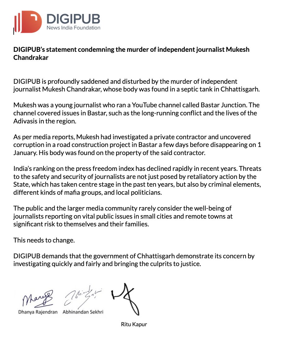DigipubIndia's tweet image. DIGIPUB’s statement condemning the murder of independent journalist Mukesh Chandrakar.