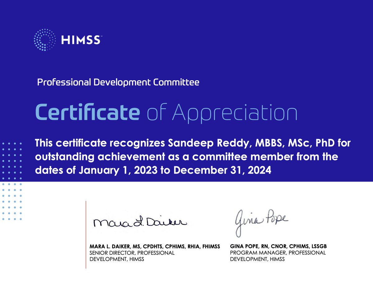 docsunny100's tweet image. #ProfessionalDevelopment #CommitteeMember #Contribution #Appreciation #HIMSS
I am grateful to have served on the @HIMSS  Professional Development Committee for the last two years and appreciate their acknowledgement as below.