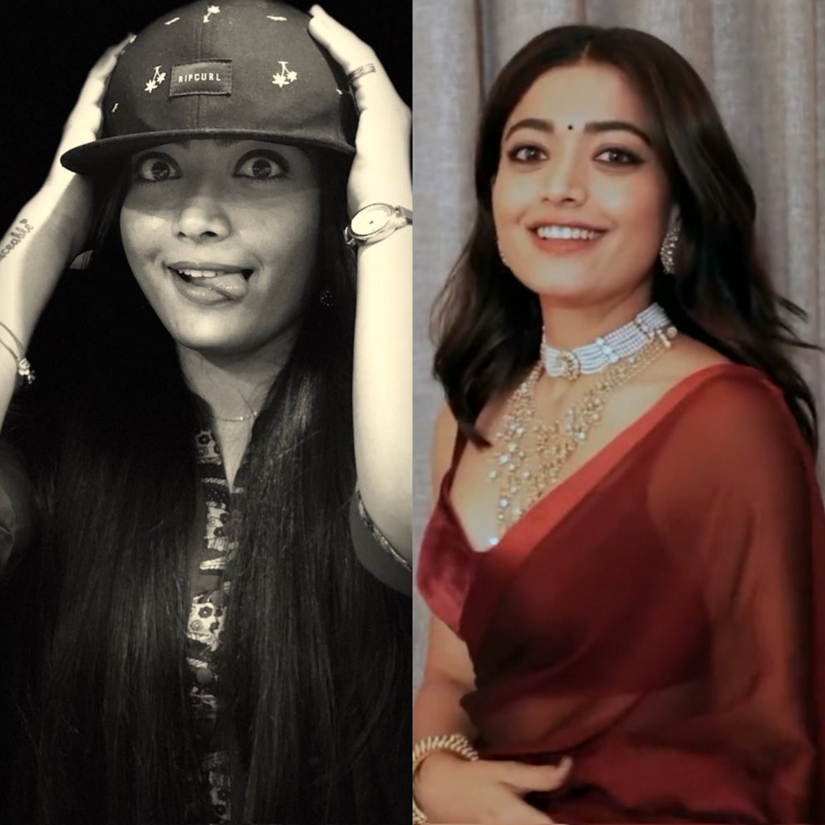 Rashmikadelhifc's tweet photo. This photo on the left was taken by @TheDeverakonda during the shoot of #GeetaGovindam when @iamRashmika was just 21. Now, she's 28 and even more beautiful and cuter than before. 😍 That's why we also call her "Cutu" ☺️ #RashmikaMandanna ❤️☺️ https://t.co/D1myJJwn0O