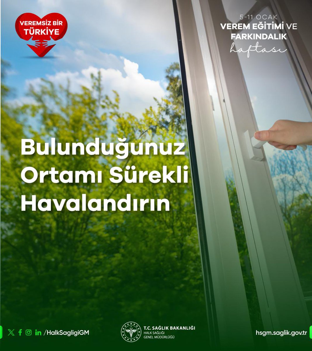 Tüberküloz hastalığının ülkemizde tanı ve tedavisi ücretsiz olarak sunulmaktadır. Etkin bir şekilde sürdürülen Tüberküloz Kontrol Programı sayesinde, hasta sayısında her yıl düzenli bir azalma görülmektedir.

Veremsiz Bir Türkiye! 🇹🇷

#VeremEğitimiVeFarkındalıkHaftası