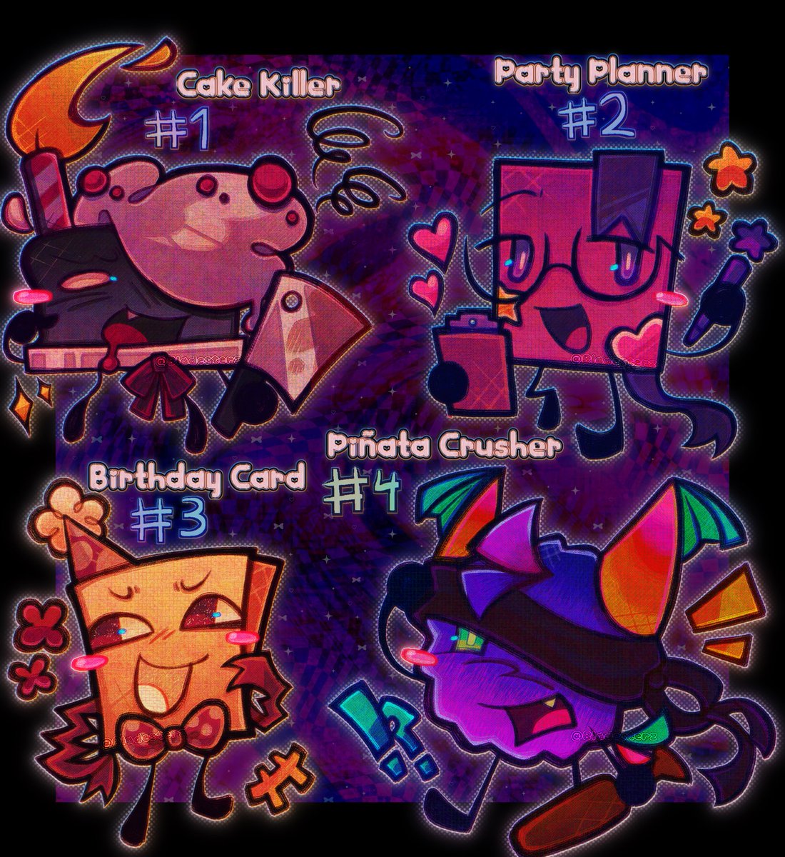Bladesterz's tweet photo. 🎉 BDAY COUNTDOWN RAFFLE 🎉

🎉 ENTRY RULES: 
- Must be following me (New followers welcomed)
- Like and Retweet this post
- Reply with the assigned number of the character you want

🎉 They're all free! But you can only pick one! So choose wisely! https://t.co/ClEAPf4yRH