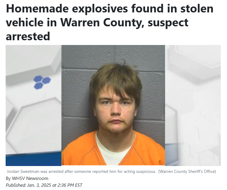 herotimeszero's tweet photo. That's the third non-immigrant found in three days with homemade explosives. I thought all the criminals are coming from Mexico via Greenland through the Panama Canal.

Turns out the assholes are all domestic. Who knew? https://t.co/8aKI8BPK7Q