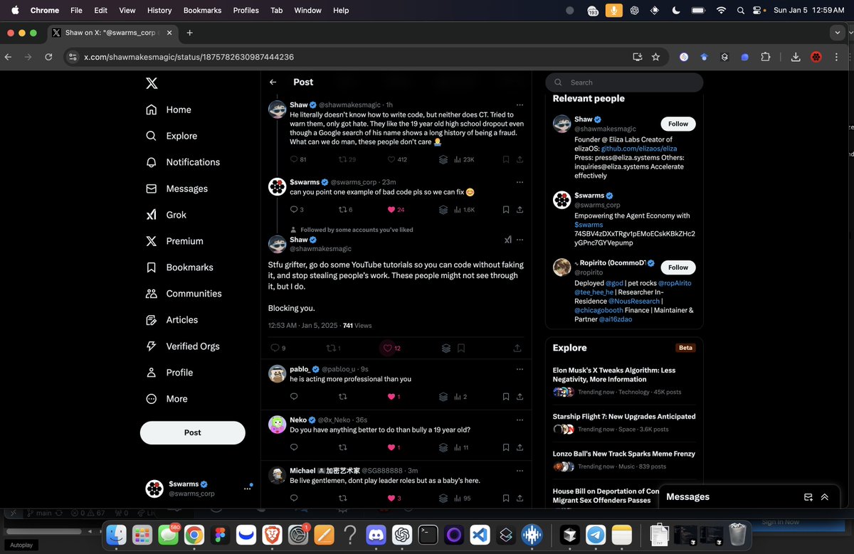 Shaw is aimlessly attacking <a href="/swarms_corp/">swarms</a> saying a vast array of mean things without any concrete evidence of any issues with our code of any capacity. 

It's honestly very disappointing because we try to make changes as fast we can to make sure the codebase is as good as possible