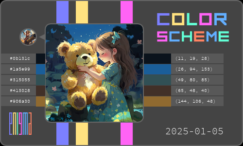 enigma_mt's tweet photo. ColorScheme today! #Palette is from 'Goodnight, hugged by a teddy bea ...' by 秋梓涵, click https://t.co/SQi2FCVap4 for more details. #AIGC #Color @midjourney https://t.co/91QiFu4YGg