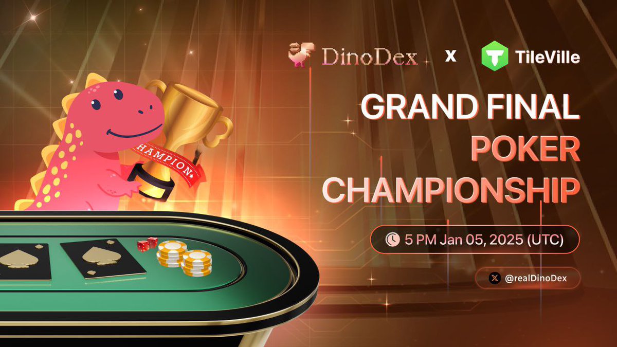 🃏GRAND FINAL: Poker Championship with <a href="/realDinoDex/">DinoDex 🦖</a> and <a href="/TileVilleSocial/">TileVille</a>

🕔Time: 5:00 PM UTC - January 5, 2025
🎁 Reward: MINA Token + NFT + Discord Role + XP
📍 Venue: discord.gg/dinodex

▶️ This mini-game is part of our Christmas and New Year series.
More details: