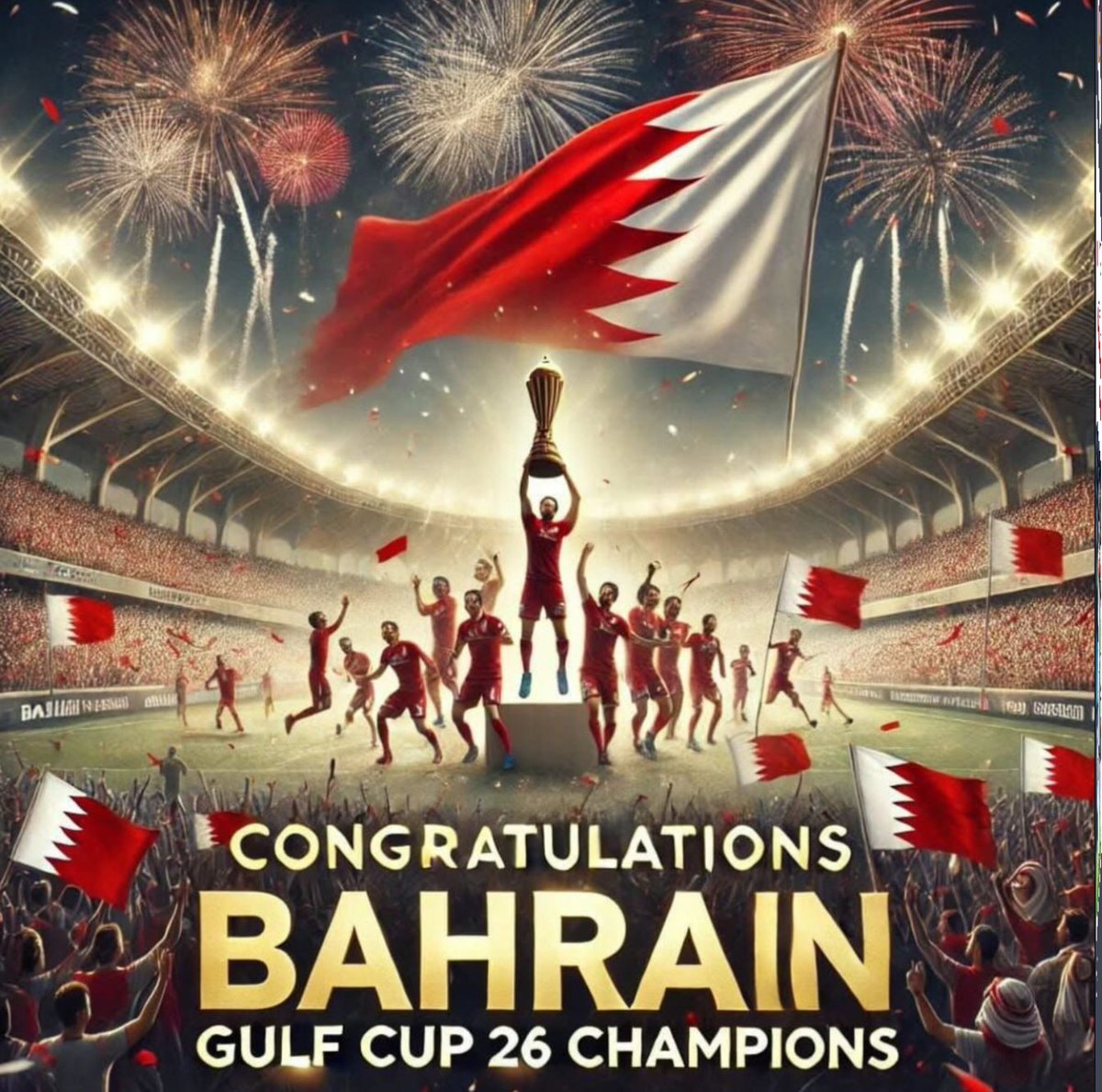 The British Embassy in Bahrain congratulates HM King Hamad bin Isa Al Khalifa, HRH the Crown Prince and Prime Minister Prince Salman bin Hamad Al Khalifa and the people of Bahrain for the remarkable victory of Bahrain's National football team in the 26th Gulf Cup 🇧🇭🏆❤️