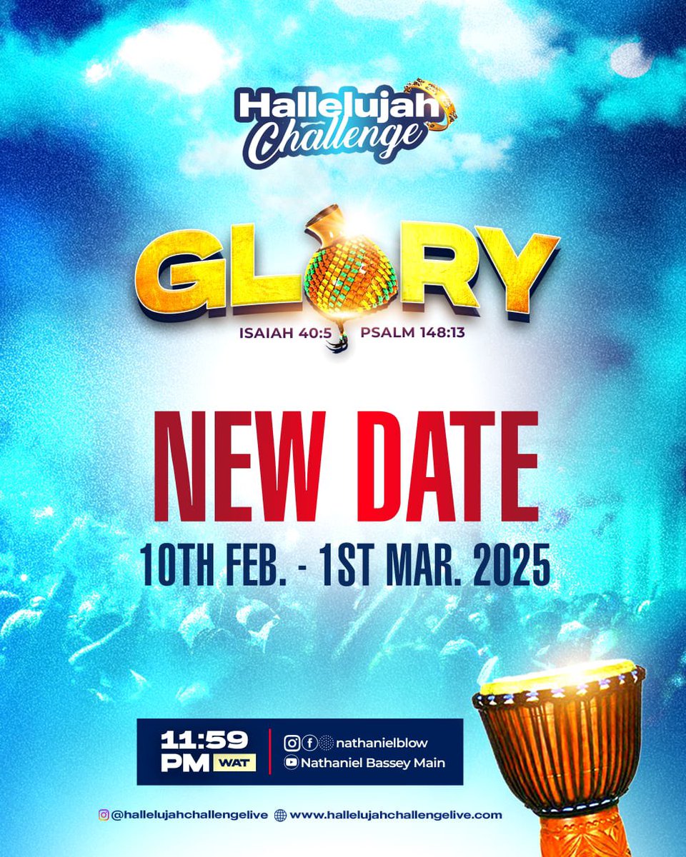 nathanielblow's tweet image. Shalom Saints !
Due to a few factors (for good), to allow more time to prepare (spiritually and otherwise) and to plan, the HALLELUJAH CHALLENGE for FEBRUARY 2025 will now be held from the 10th February to the 1st of March . Once again, Please note that the new dates are 10th…