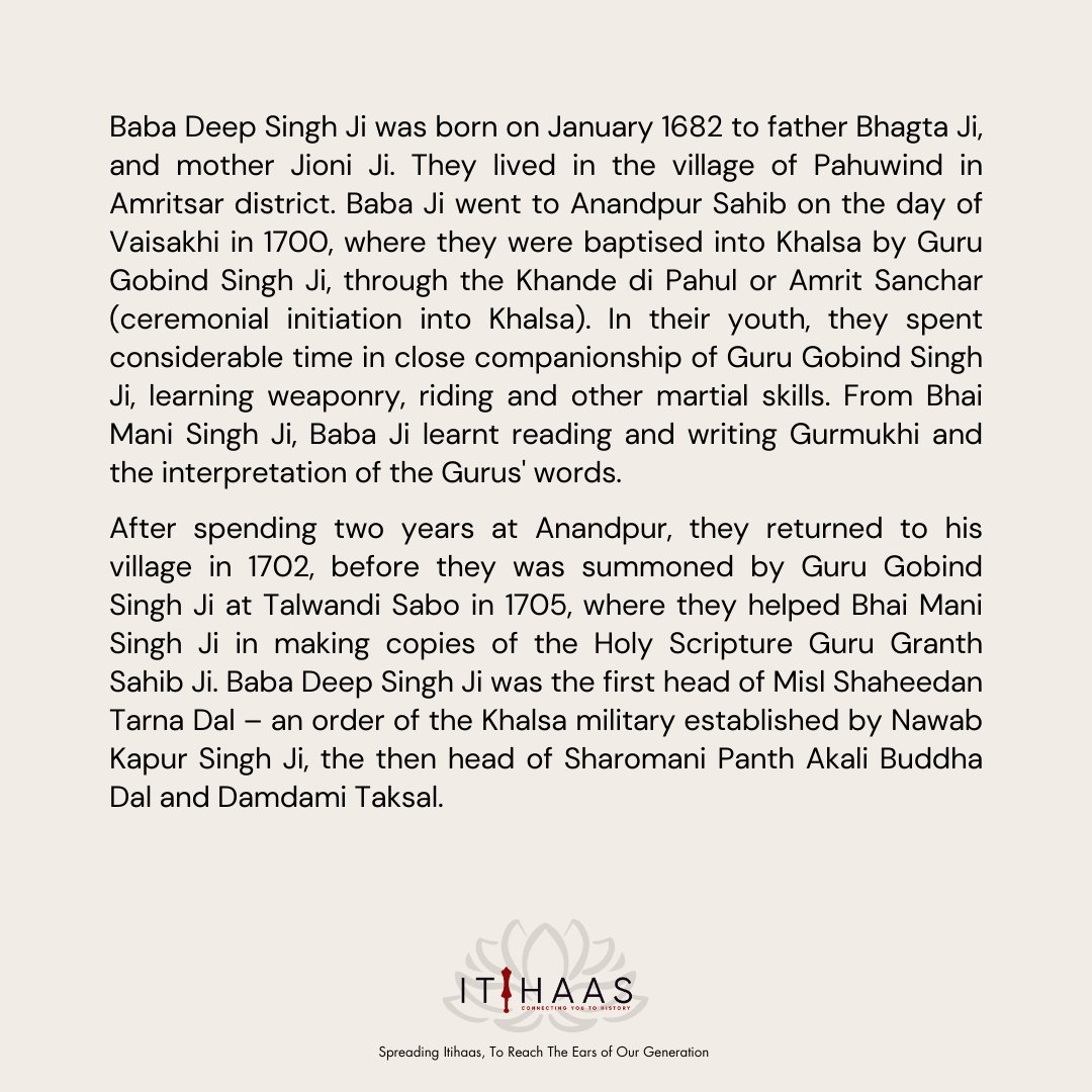 itihaas_th's tweet photo. Congratulations On The Occasion Of Janam Dihara Of Baba Deep Singh Ji
ਬਾਬਾ ਦੀਪ ਸਿੰਘ ਜੀ ਦੇ ਜਨਮ ਦਿਹਾੜੇ ਦੀਆਂ ਸਾਰਿਆਂ ਨੂੰ ਲੱਖ ਲੱਖ ਵਧਾਈਆਂ ॥
#TodayInHistory #India #Punjab #SikhHistory #History #Amritsar #SriDarbarSahib #SriHarmandirSahib #BabaDeepSinghJi #Sacrifice #JanmDihara https://t.co/G21Xda37wi