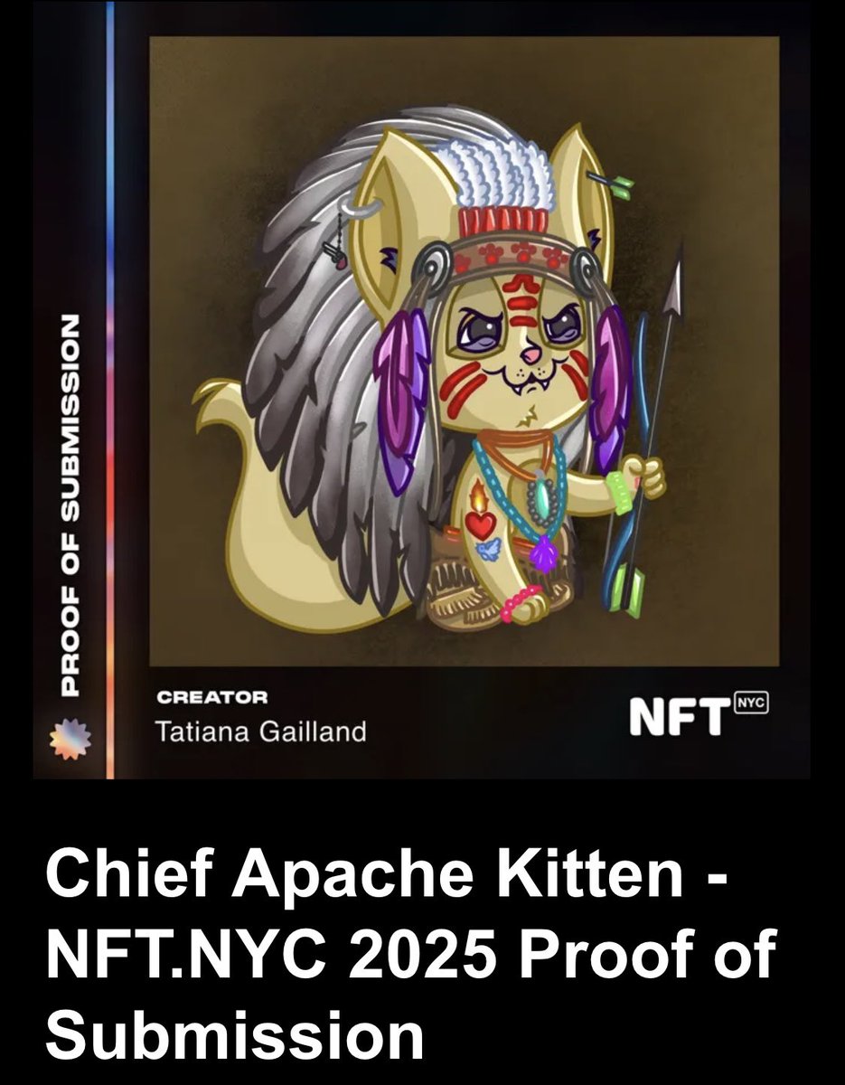 Good meowing😻🫶🏻
Happy Sunday

Happy to share my submission to NFT NYC 2025 Artist Showcase

Chief Apache Kitten🪶🏹💕

randocats.nft.nyc/token/chiefapa…

Claim your subscription🩷
&amp; engage with Randocats in link below

✨ randocats.nft.nyc

Thank you😸🫶🏻🫂

#NFTCommunity #Randocats