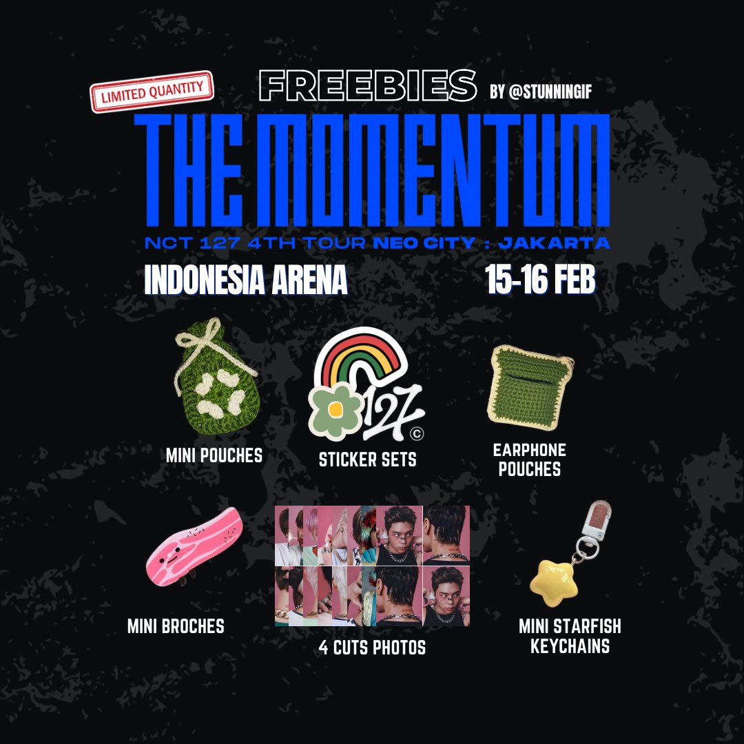 ୨ৎ RT &amp; like are appreciated ୨ৎ

♡ྀི ₊ FREEBIES NCT 127 THE MOMENTUM : JAKARTA ⊹₊⟡⋆

🗓️ 15-16 February 2025
📍 Indonesia Arena, GBK 
‼️ Limited quantity

𝘚𝘦𝘦 𝘺𝘰𝘶 𝘵𝘩𝘦𝘳𝘦 ᯓ★