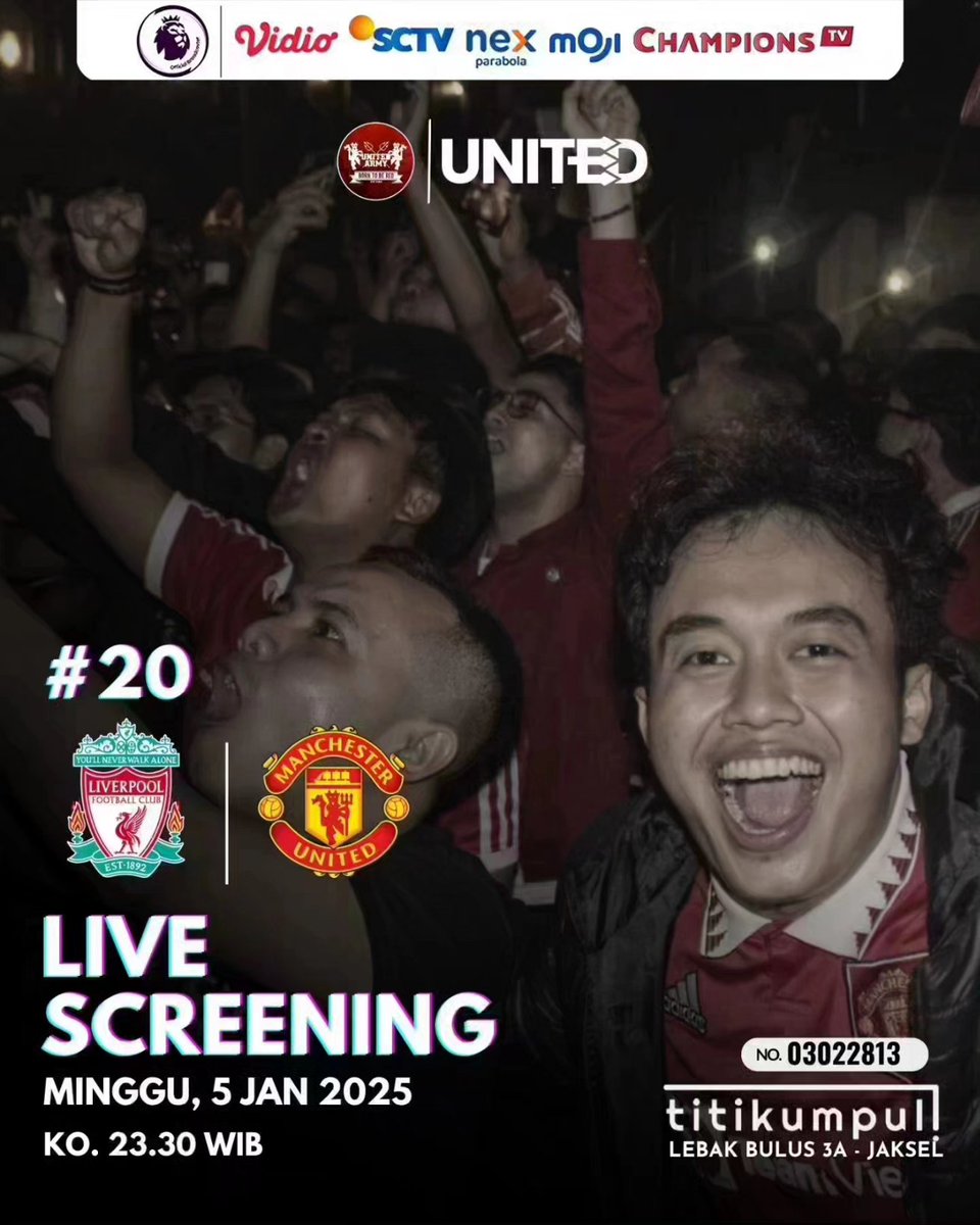 unitedarmyfc's tweet photo. Malam ini !!
Minggu, 5 Januari 2025
LFC vs MUFC
Kickoff : 23.30 wib
Anfield, Liverpool
Live at @vidiosports
 
DERBY NORTH WEST, kita akan gelar nonton bersama.
Venue : titikumpulcafe 
Jl. Lebak Bulus 3A

#MUFC 
#livescreeningunitedarmy 
#unitedarmyID https://t.co/u3nkbpkJv2