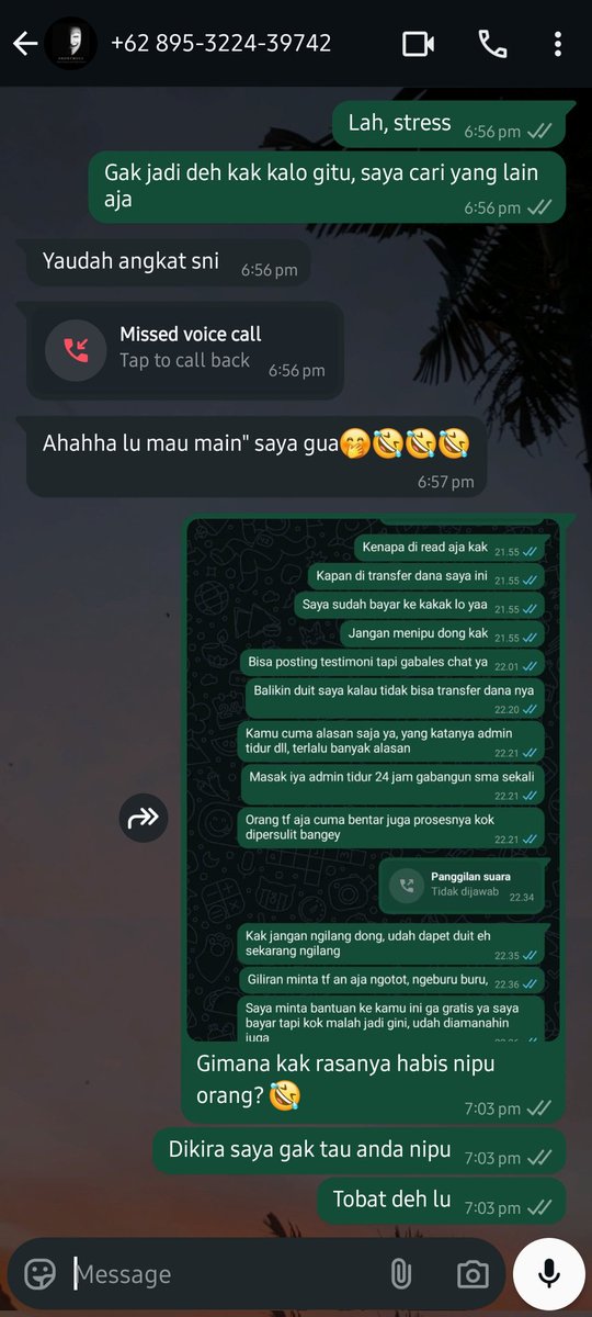 ryeocyn's tweet photo. Penipu meneriaki diri sendiri. Temenku habis ditipu sama ini orang. Hati-hati buat yang pake jasa hack akun 

+62 895-3224-39742 
0895322439742

#zonauang #zonajajan #penipu #Scammer #jasahackakun #hackers #zonauangᅠᅠᅠ https://t.co/b3aHjGMfDL