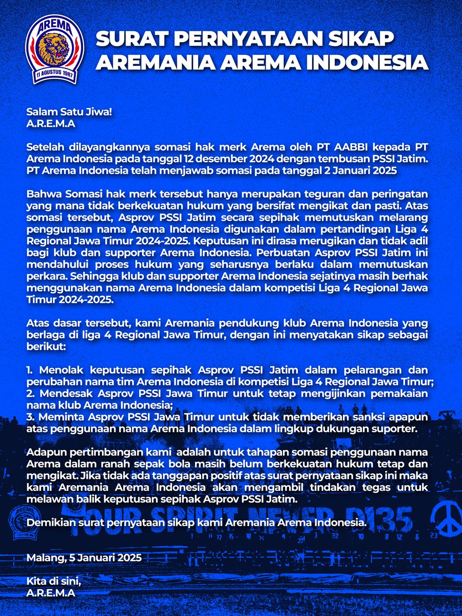 Sidang belum, kok PSSI Jatim sudah memutuskan? Padahal amanat Kongres PSSI Bandung 2017, memulihkan 7 tim Aksi, untuk dipulihkan keanggotaannya, kok iso PSSI Jatim malah gak mengikuti hasil Kongres PSSI? Aneh! <a href="/pssijatimdotcom/">PSSI Jatim</a>