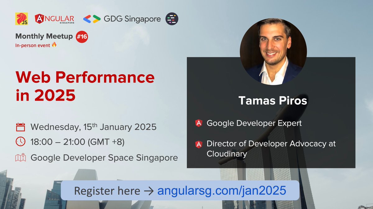 Angular Singapore (@angularsg) on Twitter photo 🚀 Web Performance in 2025 Workshop! 🎉
Sign up now & RSVP to secure your spot
👉 angularsg.com/jan2025
🗓️ Date: 15 Jan 2025
⏰ Time: 18:00-21:00 (GMT+8)
📍 Google DevSpace, SG (10 mins from Labrador Park MRT)
Learn from <a href="/tpiros/">Tamas Piros</a>, hands-on, for free (usually paid)! 🚀 Web Performance in 2025 Workshop! 🎉
Sign up now & RSVP to secure your spot
👉 angularsg.com/jan2025
🗓️ Date: 15 Jan 2025
⏰ Time: 18:00-21:00 (GMT+8)
📍 Google DevSpace, SG (10 mins from Labrador Park MRT)
Learn from <a href="/tpiros/">Tamas Piros</a>, hands-on, for free (usually paid)!