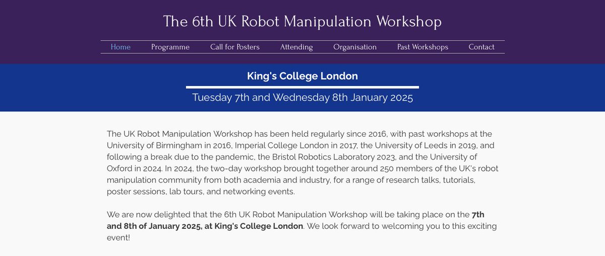 UK Robot Manipulation Workshop (@uk_robot_manip) on Twitter photo Counting down the days to the exciting 6th UK Manipulation Workshop at King’s College London! 🎉 <a href="/KingsNMES/">KCL Natural, Mathematical & Engineering Sciences</a> <a href="/kcl_engineering/">KCL Engineering</a> <a href="/kclinformatics/">KCL Informatics</a>
The program is now live—check it out here: bit.ly/manipulationpr… Counting down the days to the exciting 6th UK Manipulation Workshop at King’s College London! 🎉 <a href="/KingsNMES/">KCL Natural, Mathematical & Engineering Sciences</a> <a href="/kcl_engineering/">KCL Engineering</a> <a href="/kclinformatics/">KCL Informatics</a>
The program is now live—check it out here: bit.ly/manipulationpr…