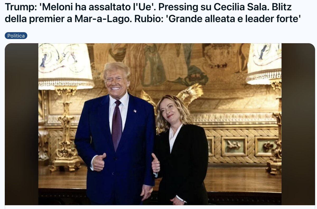 <a href="/andst7/">Andrea Stroppa 🐺 Claudius Nero's Legion 🐺</a> <a href="/xai/">xAI</a> <a href="/Agenzia_Ansa/">Agenzia ANSA</a> <a href="/ansaeuropa/">ANSA Europa</a> <a href="/ElonMuskPD/">Not Elon Musk</a> <a href="/X/">X</a> <a href="/Bonazeta/">Francesco Bonazzi Bonazeta</a> <a href="/Urltube/">Urltube Magazine</a> Trump:  Meloni ha assaltato l'Ue. Pressing su Cecilia Sala. Blitz della  premier a Mar-a-Lago. Rubio: 'Grande alleata e leader forte' <a href="/Reddit/">Reddit, Inc.</a>  : reddit.com/r/oknotizie/co… -   #usa    #ElonMusk...  #DonaldTrump  e #giorgiameloni .  #AndreaStroppa  - #FreeCecilia  #FreeCeciliaSala