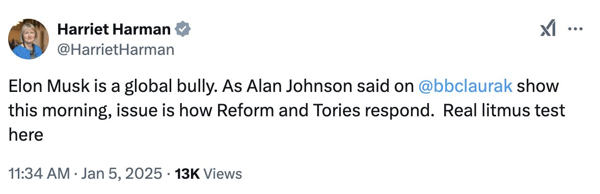 technopopulist's tweet photo. Harriet Harman is the very apotheosis of the sinister HR lady. The disapproving glances, the tut-tutting to her posh friends, the passive-aggressive threats, the teacher’s pet snitching on the naughty kids, the head prefect’s icy glare, the preening self-righteousness - it’s all there. 

It’s hardly surprising that this very person masterminded one of the most disastrous pieces of Labour-era legislation: the Equality Act. A classic pig-in-a-poke, it appeared compassionate on the surface but, in practice, unleashed a legion of mini-Harmans to enforce moralistic progressivism with all the subtlety of a sledgehammer.