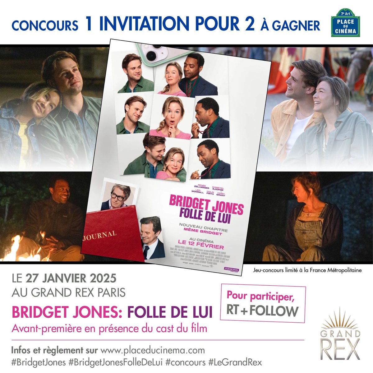 PlaceDuCinema's tweet photo. Alerte concours Bridget Jones au Grand Rex !
2 places en jeu pour l'avant-première avec l'équipe du film le 27 janvier 2024 à 20h30.
Follow+RT avec originalité.
Tirage au sort le 23/1 à 19h.
#BridgetJones #ReneeZellweger 📽️🎞️
Détails &amp; règlement ⬇️⬇️⬇️
https://t.co/IOKghrtZff https://t.co/mdgknFNnmC