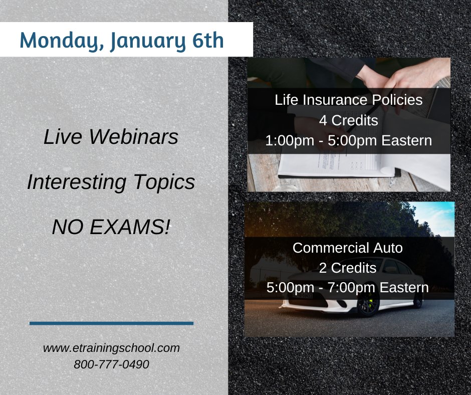 EITINS's tweet image. Join us Monday for your newest #webinar: #LifeInsurancePolicies (4cr)! Also, pick up 2 more #InsruanceCE credits with our #CommercialAuto webinar. Attend on any device!

Click the link and select your state to register: etrainingschool.com/clientsite/Cla…