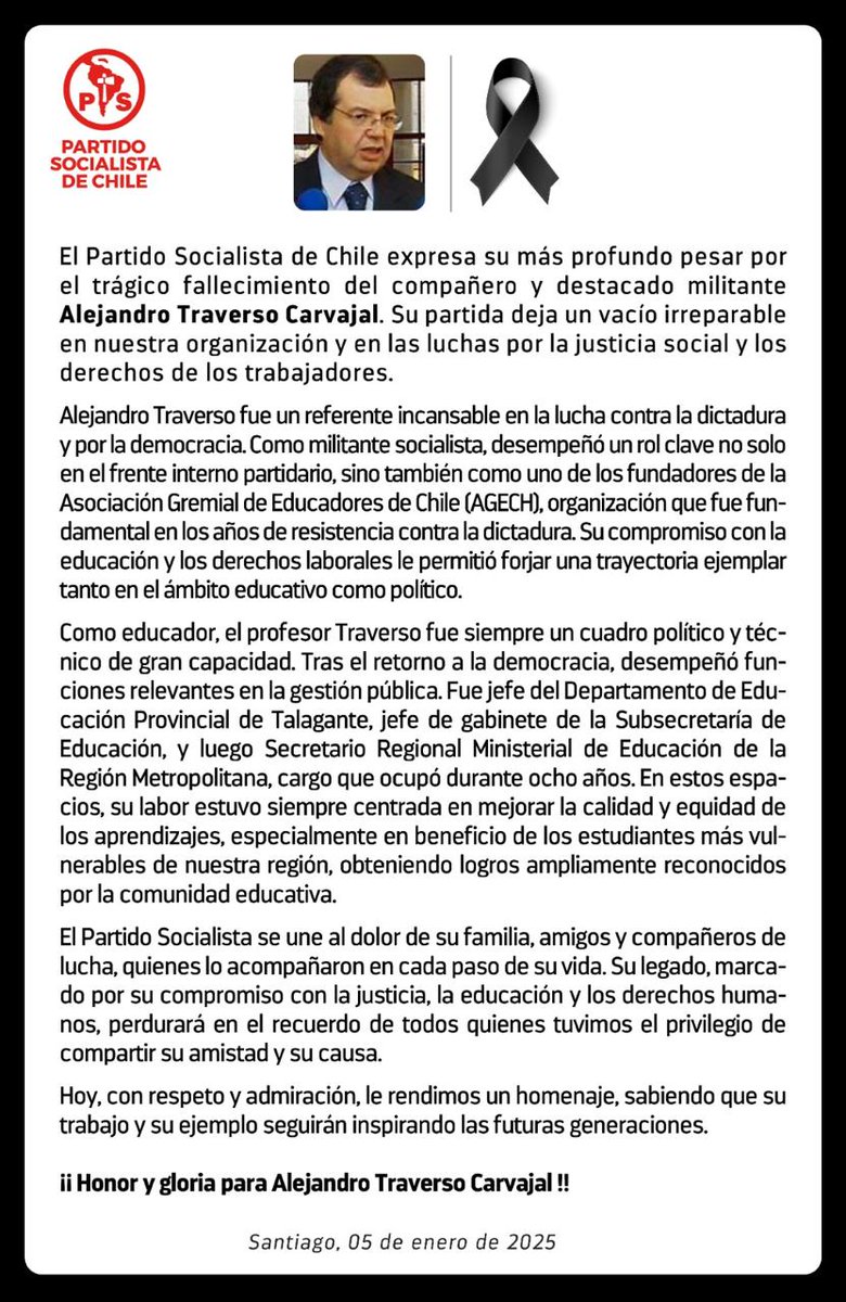 PSChile's tweet photo. Condolencias del Partido Socialista de Chile por el trágico fallecimiento del destacado militante de nuestras filas y recordado dirigente gremial de la AGECH, Alejandro Traverso Carvajal. https://t.co/HqmqwDJsb7