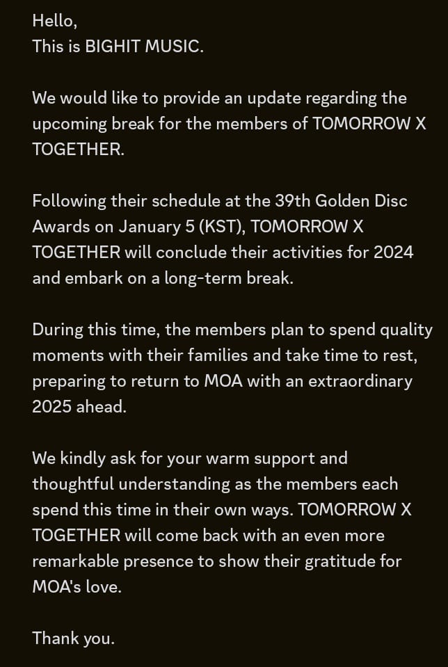 TXT_DailyNews's tweet photo. TOMORROW X TOGETHER is officially on their long-term break. 
please protect their privacy, bcs they want to spend time off with their families. Don't follow or spread information about their location &amp; if you accidentally see them, pls don't disturb them. 
Have a good rest TXT https://t.co/hHkcjgkBQA