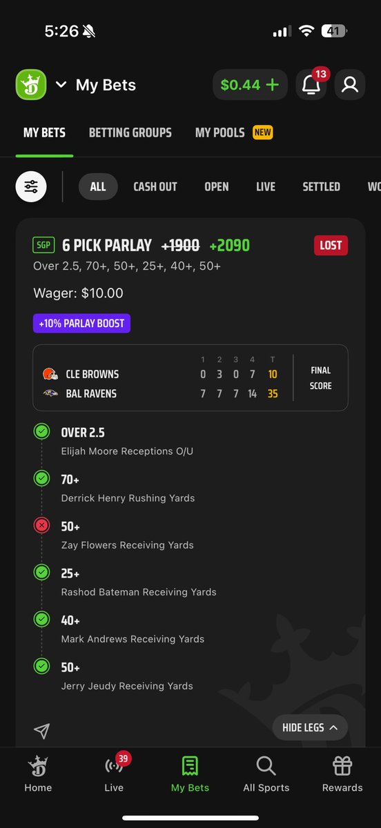 JBaldy20's tweet photo. Hey @DKSportsbook any chance you guys are gunna void Zay Flowers since he got hurt in first drive?? https://t.co/Inba3td3L2