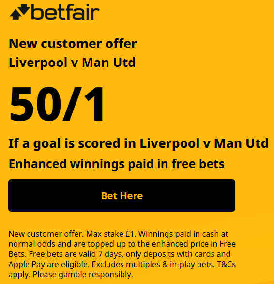thetipsguide's tweet photo. 50/1 for a goal to be scored in Liverpool v Man United...

Here 👉 https://t.co/7qiPBjRmZs

New customers only.

£1 max stake, enhanced winnings paid in free bets.

18+ gambleaware #AD T&amp;Cs apply https://t.co/OyPUtmgbK0