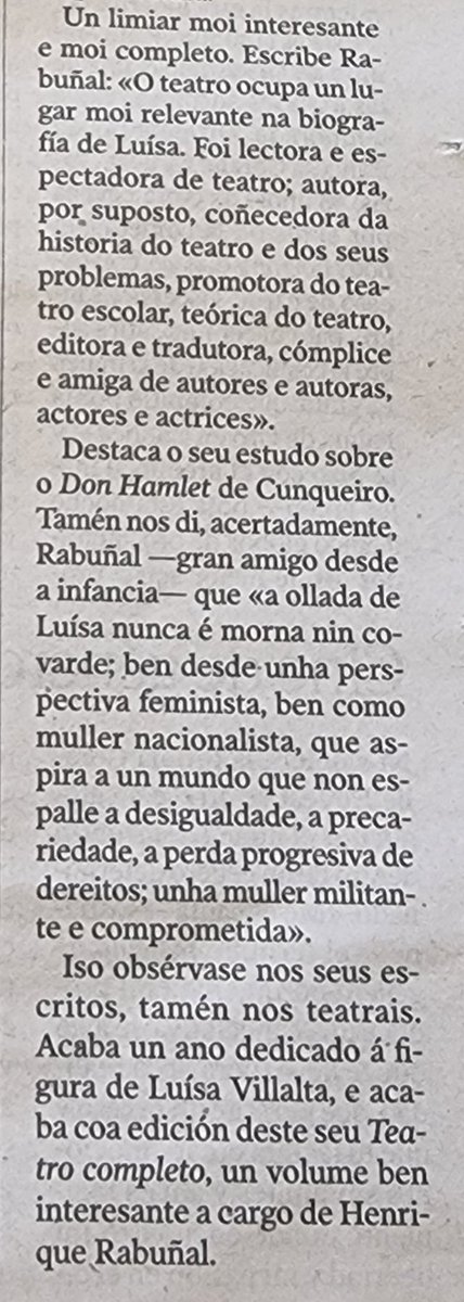 Moi agradecido a Miguel Sande pola súa lectura da nosa edición do Teatro Completo de LuísaVillalta, en <a href="/lavozdegalicia/">La Voz de Galicia</a>.