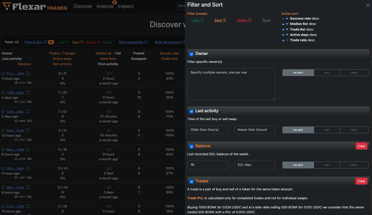 FlexarSpace's tweet photo. Starting the year with fresh improvements on Flexar Trades:
 💥A new Discover filtering UI that will allow us in the future to expand the filtering capabilities beyond of what is visible in the table and also customize the columns;
 💥Bulk add filtered wallets (up to 100) from Discover to a category for viewing them later in the Analyze section;
💥Rename categories/wallet lists in the Analyze section; 
💥Bulk add wallets from a list (up to 100) to a category in the Analyze section.

Curious on what's next? 🤓