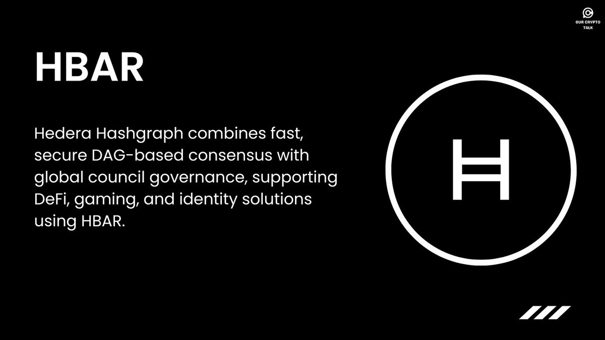 12/ $HBAR ➛ Hedera Hashgraph uses DAG-based consensus for ultra-fast and  secure transactions. ➛ Governed by a global council, ensuring stability and  safeguarding the network. ➛ Ideal for DeFi, gaming, and digital
