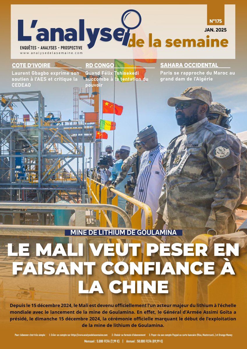 Retrouvez l’ADS N•175 du 05/01/2025. À la Une « Le Mali veut peser en faisant confiance à la #Chine ». 
analysedelasemaine.com

Pour vous abonner : contact@analysedelasemaine.com contacter le +22365282930.
t.me/+pQn76Z___INlN…