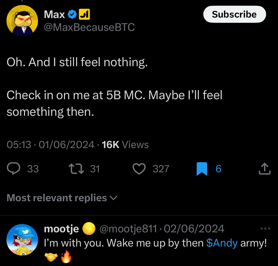king $Pepe is ready for a 100B MC valuation this cycle. even more if things become really silly. 

his best fren and golden dawg $Andy is ready to ride it with him. iykyk. 

wake me up when we are at 5B MC. 

MINIMUM. 🔮

0x68 X 0x69 🤝