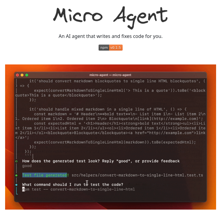 tom_doerr's tweet photo. Micro Agent: an AI tool that generates unit tests and iterates on code until the tests pass, ensuring reliable function creation in languages like JavaScript, TypeScript, and Python https://t.co/yoYqet21SD