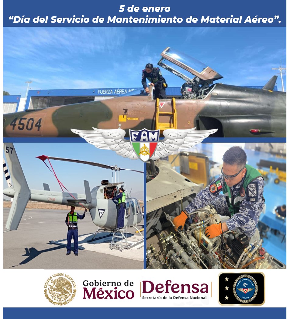 FuerzaAereaMx's tweet photo. Felicito al personal del Servicio de Mantenimiento de Material Aéreo quienes preservan la operatividad de las aeronaves de la #FuerzaAéreaMx con procedimientos preventivos y correctivos para cumplir con el objetivo de materializar operaciones aéreas seguras. https://t.co/RtViJxc8fb