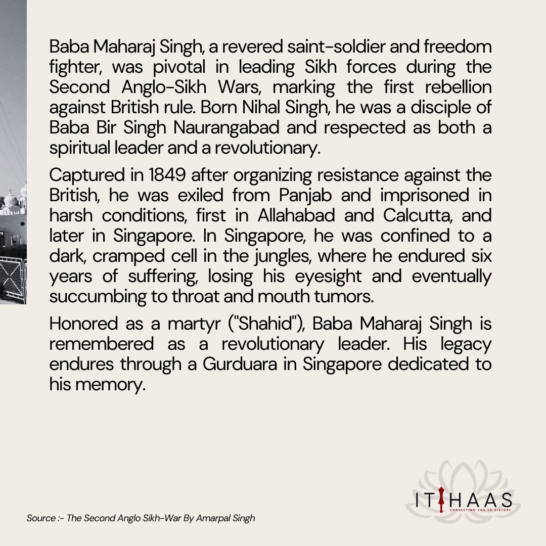 itihaas_th's tweet photo. 30th January, 1850
" TODAY IN SIKH HISTORY "
Saint-Soldier & Freedom Fighter, Baba Maharaj Singh, Deported
#TodayInHistory #India #Punjab #Panjab #SikhHistory #History #Sikhs #BhaiMaharajSingh #FreedomFighter #War #AngloSikhWar #AngloSikh #BritishForces https://t.co/WGp4dR5ssU