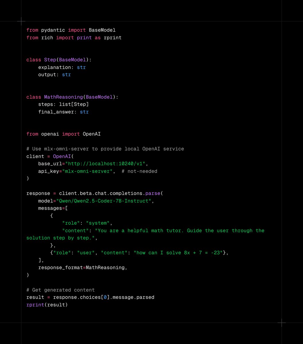 Madroidmaq's tweet photo. 🔍 New in v0.3.0:
- OpenAI-compatible Structured Output
- Configurable worker parallelism
- Pydantic model integration

Check out how easy it is to use! ⬇️

#MLX #LocalAI https://t.co/420fH1vIOF