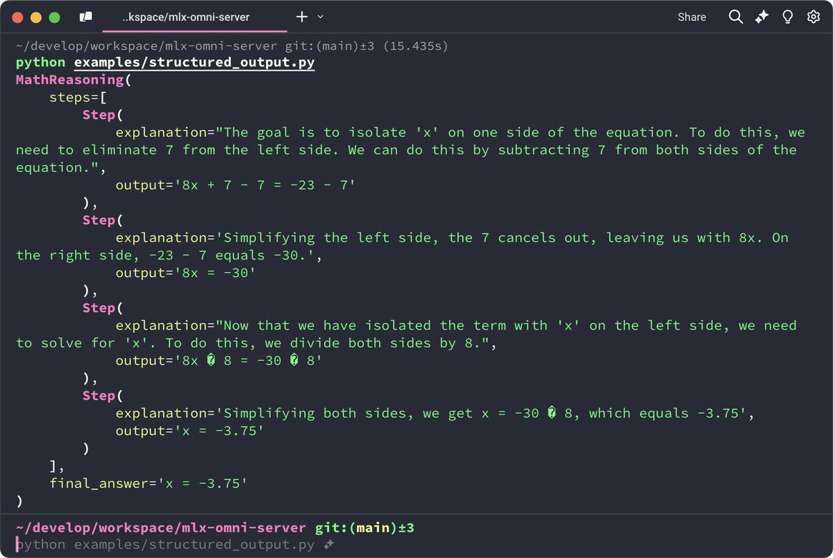 Madroidmaq's tweet photo. 🔍 New in v0.3.0:
- OpenAI-compatible Structured Output
- Configurable worker parallelism
- Pydantic model integration

Check out how easy it is to use! ⬇️

#MLX #LocalAI https://t.co/420fH1vIOF