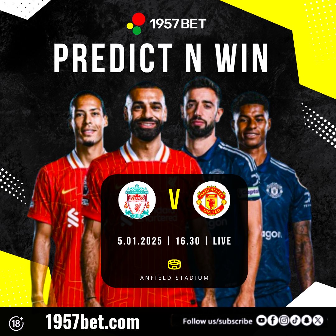 1957Bet's tweet photo. Predict the correct score with hashtag #PredictWith1957bet ✍️
Winners will be picked randomly

Liverpool🆚 Manchester United

T&amp;C Apply! #LIVMUN #1957bet https://t.co/MoM9MvFxN4