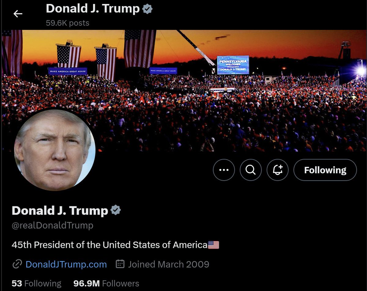 What is missing on DJTs bio? 👀

We all know what is coming... 

AMERICA IS BACK. 

47th #POTUS

#TRUMP47 #TRUMP